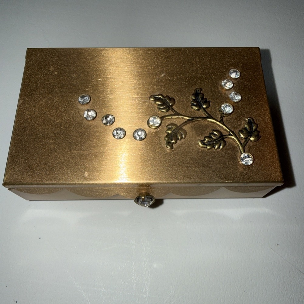 Vintage Mini Brass Jewelry Box with Rhinestones And Mirror 4.0 X 2.5 X 1.25"